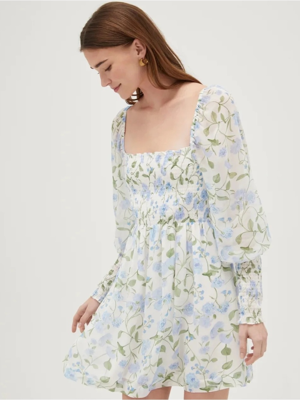 Hill House Grace Mini Nap Dress  Peony Bouquet White Blue Viscose Size XL